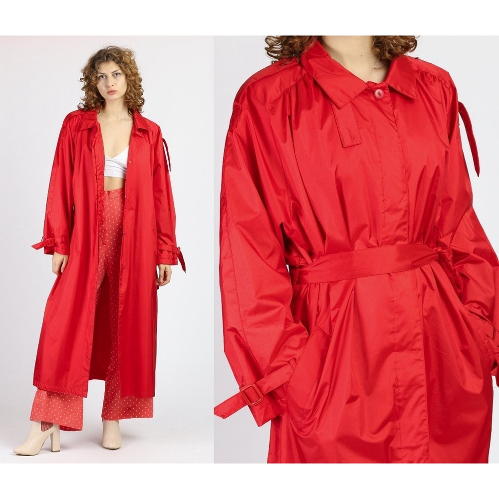 Vintage 80s Paris Sport Club Red Belted Long Nylon Trench Coat Women's 7/8 M
